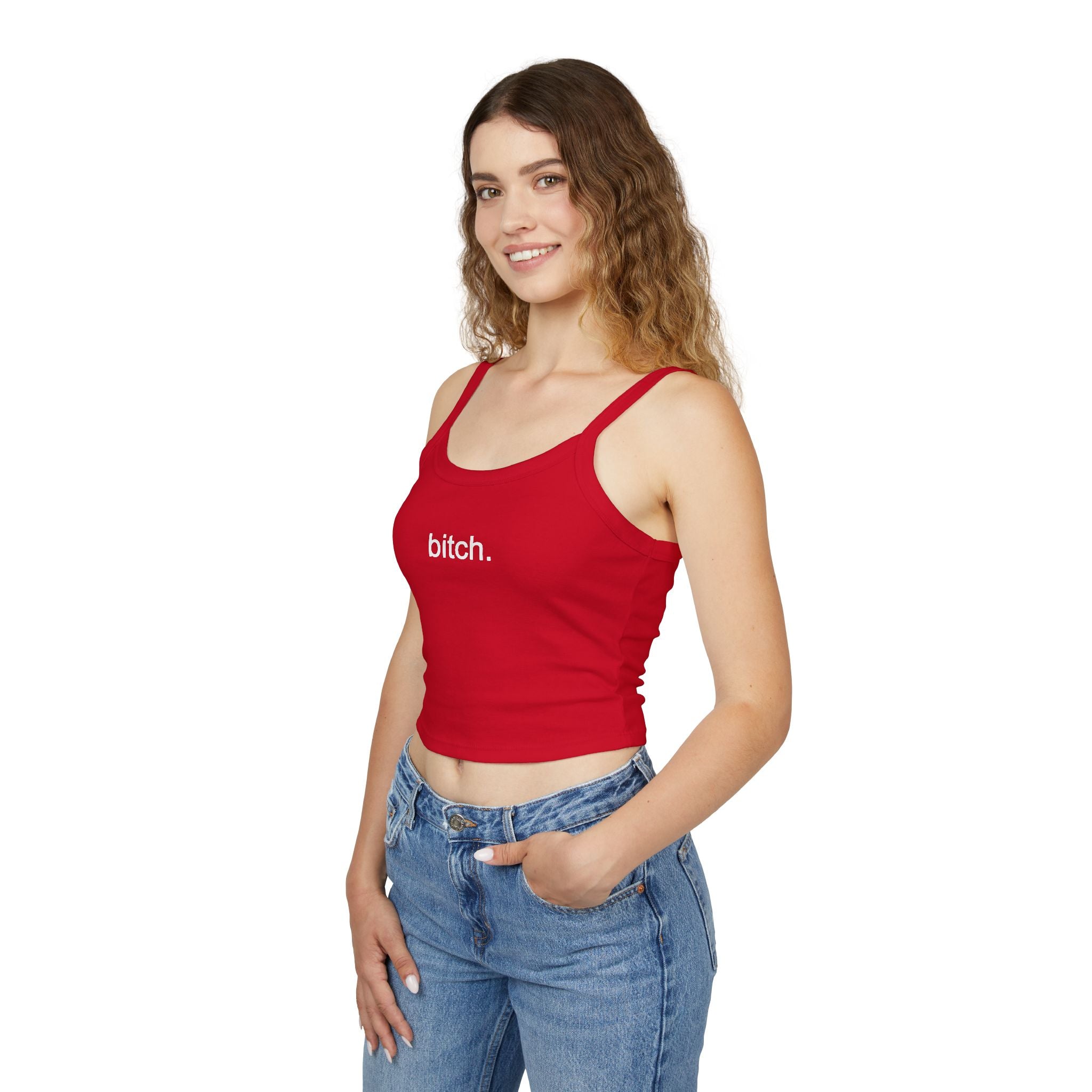 Bitch. Cropped Spaghetti Tank — Bold Graphic Women's Crop Top
