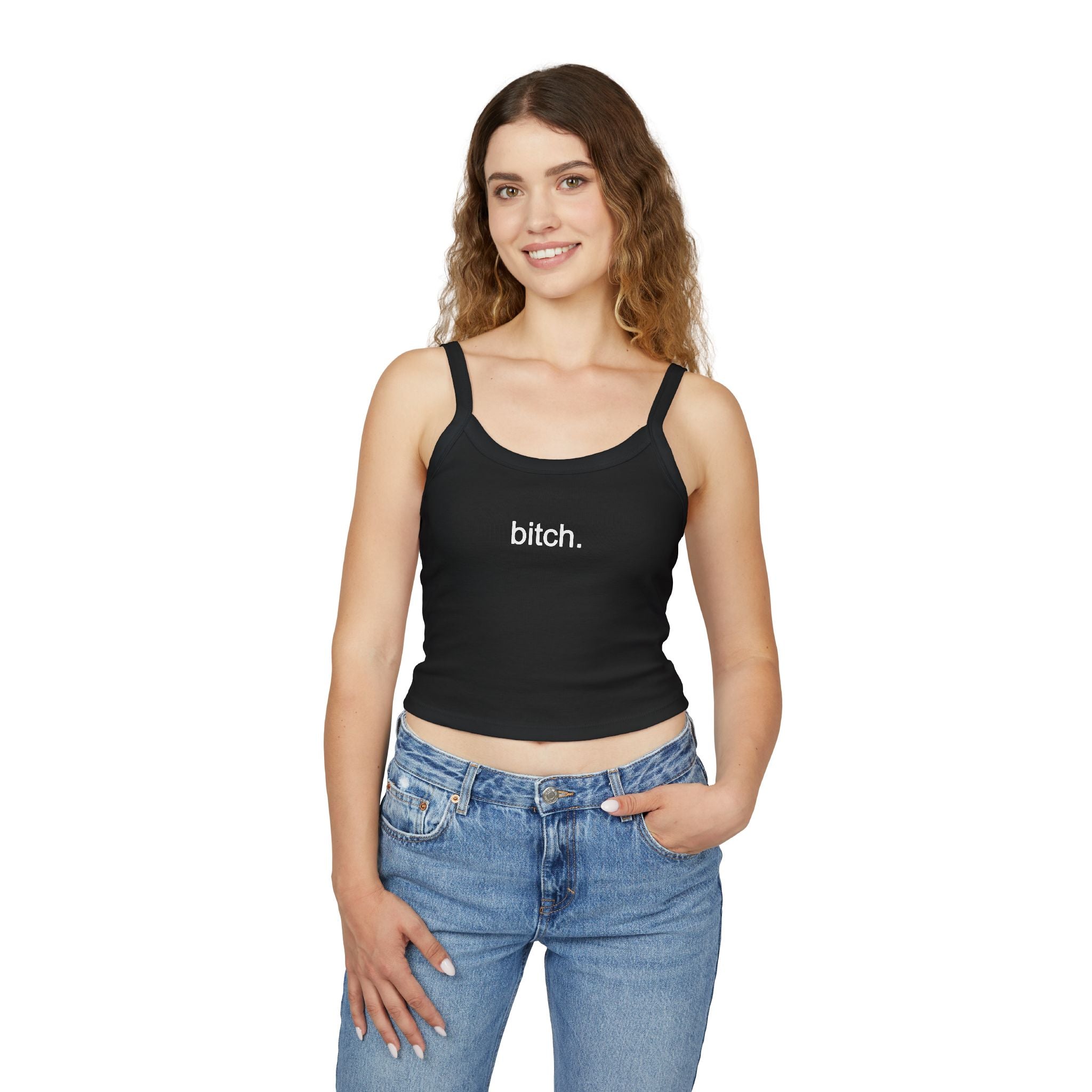 Bitch. Cropped Spaghetti Tank — Bold Graphic Women's Crop Top