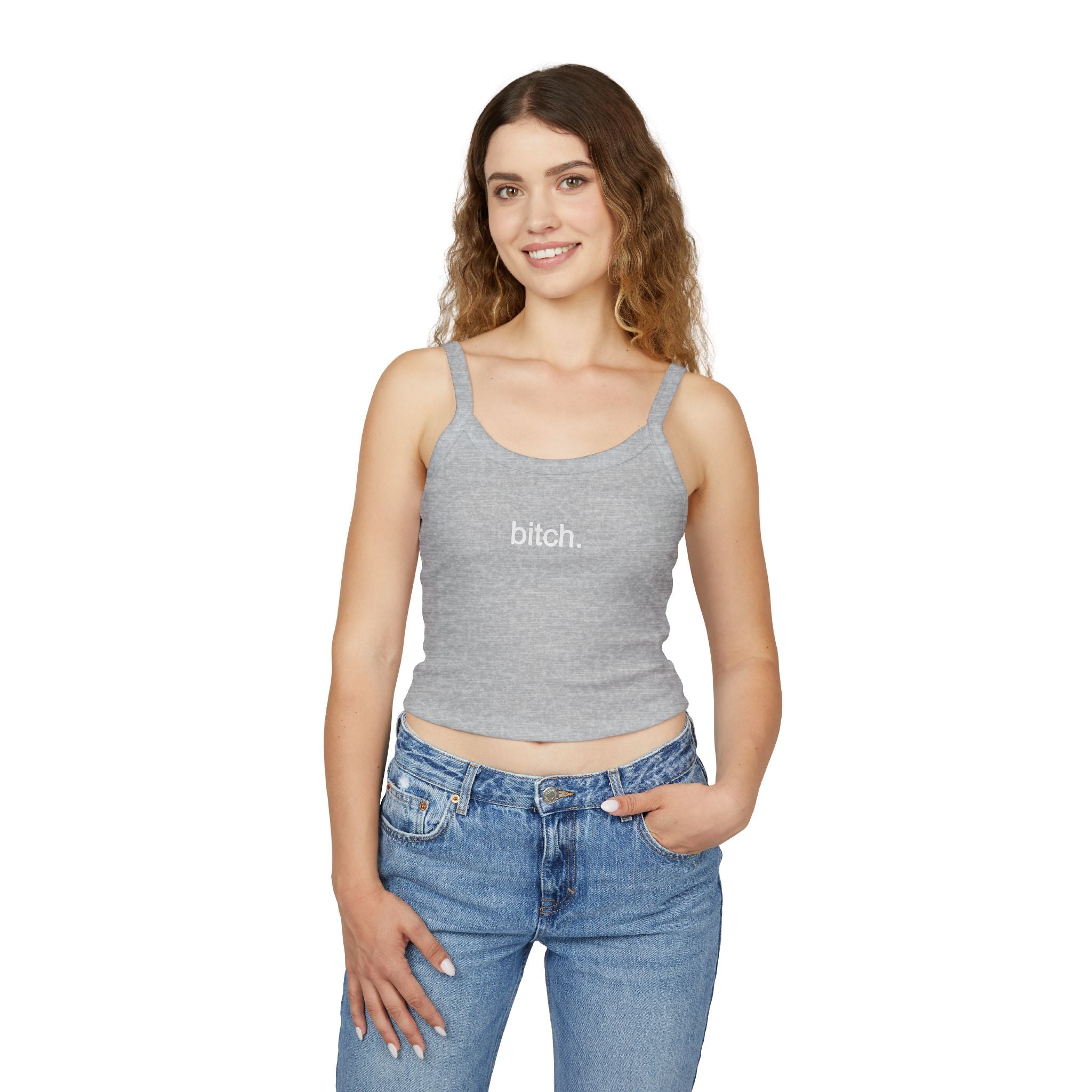 Bitch. Cropped Spaghetti Tank — Bold Graphic Women's Crop Top